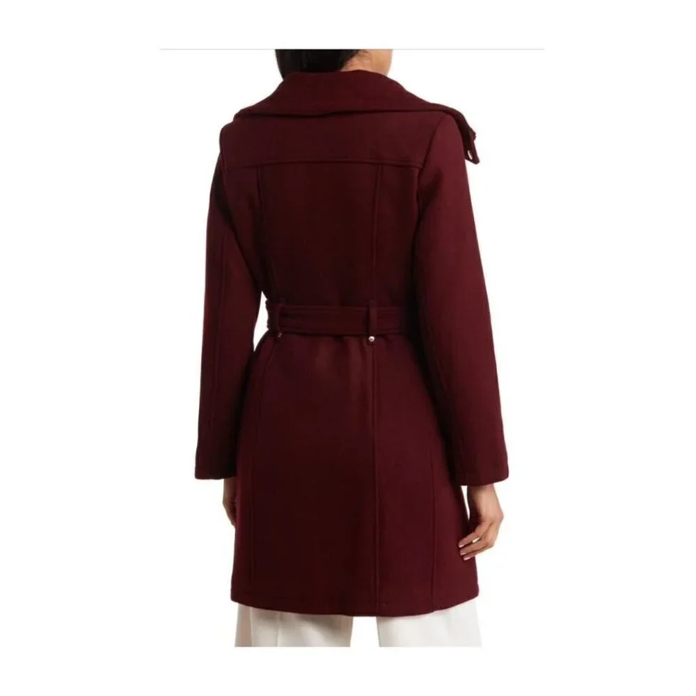 Michael Kors Womens Red Wine Full Zip Snap Belted Wool Blend Pea Coat Sz M New
